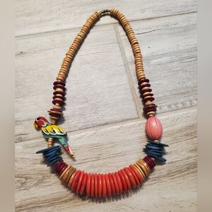Vtg Colorful Wood Beaded Necklace with Parrot Charm Tropical Resort Summer